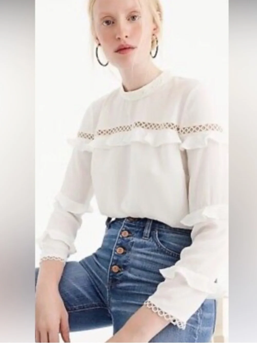 J. Crew Cream Ruffle Lace-Trim Long-Sleeve Blouse size 4